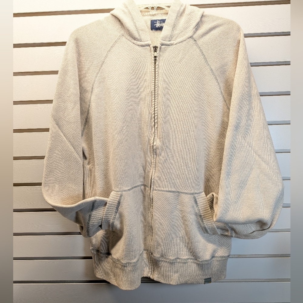 Stussy Knit Hooded Zip Front Sweater Cream Size M EUC